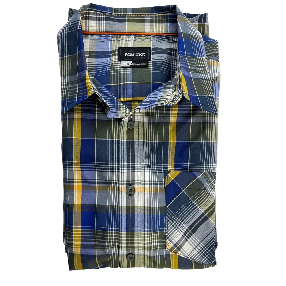 Marmot Mens Plaid Short Sleeve Button Up‎ Shirt Size L G